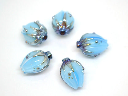 Handmade glass sky blue flower beads|Light Blue Silver|Glass pendant|Flower bud bead|Floral lampwork|Something blue|Wedding jewelry making