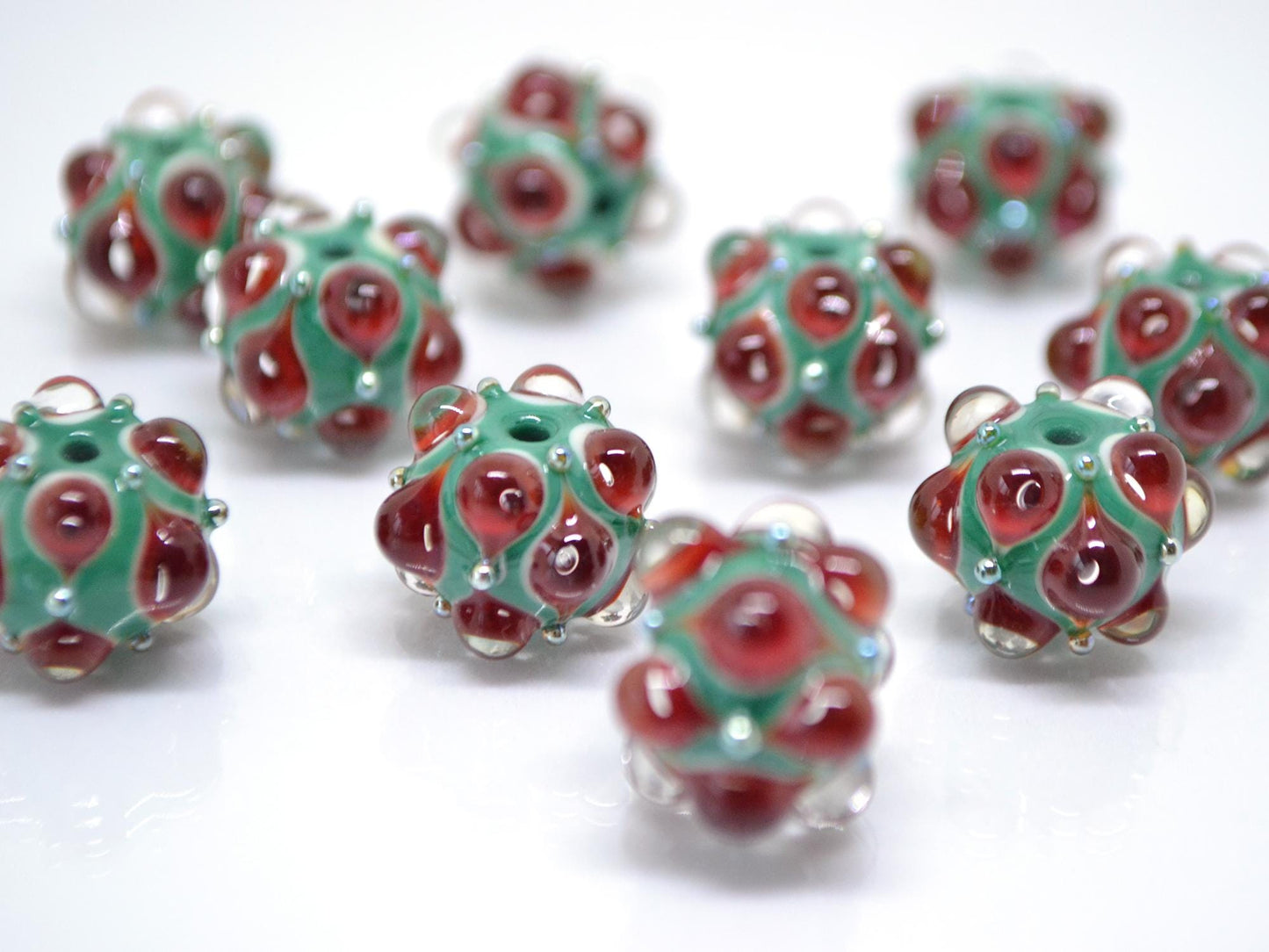 Red Green Lampwork bead, Red dots glass beads, Green lampwork beads, Rondelle beads with dots, Artisan lampwork, Handmade bead
