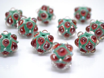 Red Green Lampwork bead, Red dots glass beads, Green lampwork beads, Rondelle beads with dots, Artisan lampwork, Handmade bead