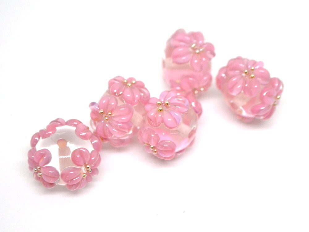 Pink flower beads, Clear Rondelle beads with flowers, Rondelle lampwork, Handmade lampwork, rondelle glass beads, lampwork spacer,Pink bead