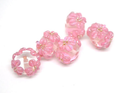 Pink flower beads, Clear Rondelle beads with flowers, Rondelle lampwork, Handmade lampwork, rondelle glass beads, lampwork spacer,Pink bead
