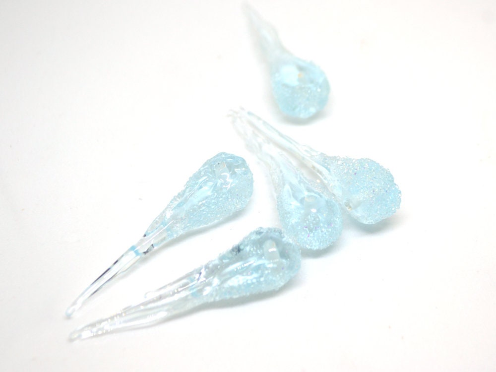 Blue Frosted Icicle Beads, Icicle Glass beads, Snow Lampwork, Focal Christmas Beads, Artisan lampwork, Icicle Ornament, Glass icicle charm