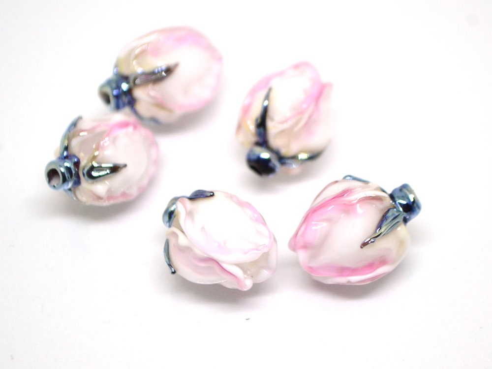 Tender pink flower beads, Lampwork floral beads, Glass flower beads, Pink silver floral beads, Artisan lampwork, Flower earrings DIY