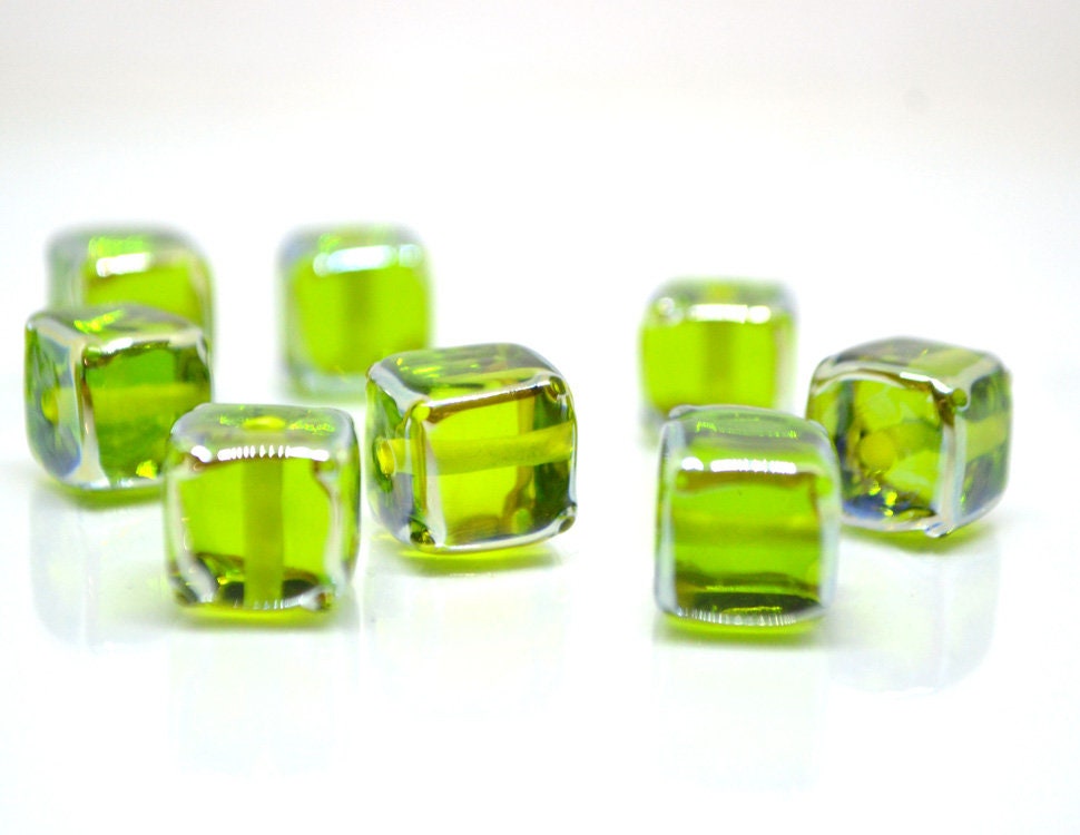 Salad green glass beads, Verdant green beads, Handmade green cube beads, Lampwork cube bead, Square lampwork bead, Geometry lampwork