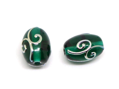 Emerald green oval glass beads silver curles, Barrel lampwork beads, Handmade glass, Jewelry supplies, Bead set, Beads for necklace jewelry