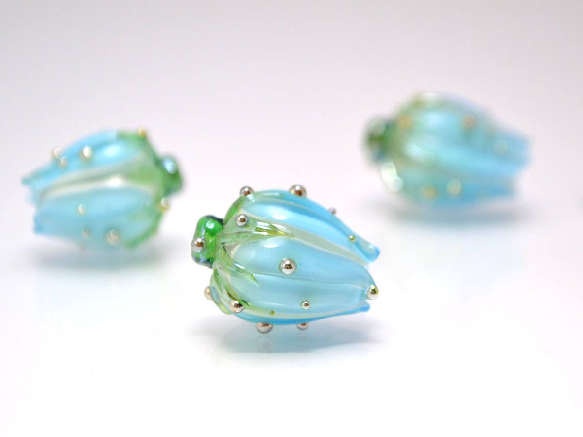 sky blue flower lampwork beads artisan lampwork wedding floral glass Bud blossom beads for earrings rose silver blue beads something blue