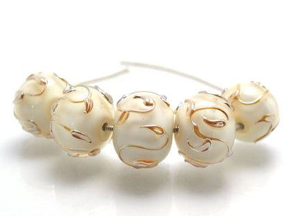 white pearl artisan lampwork bead handmade glass beads for wedding jewelry making set gold sprig twig leaf on white romantic tender earrings