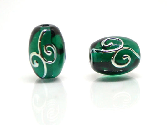 Emerald green oval glass beads silver curles, Barrel lampwork beads, Handmade glass, Jewelry supplies, Bead set, Beads for necklace jewelry