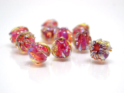 Fuchsia red gold flower beads, 10mm flower beads, Flower glass beads, Artisan Lampwork, Bright glass beads, Handmade glass art, Floral beads