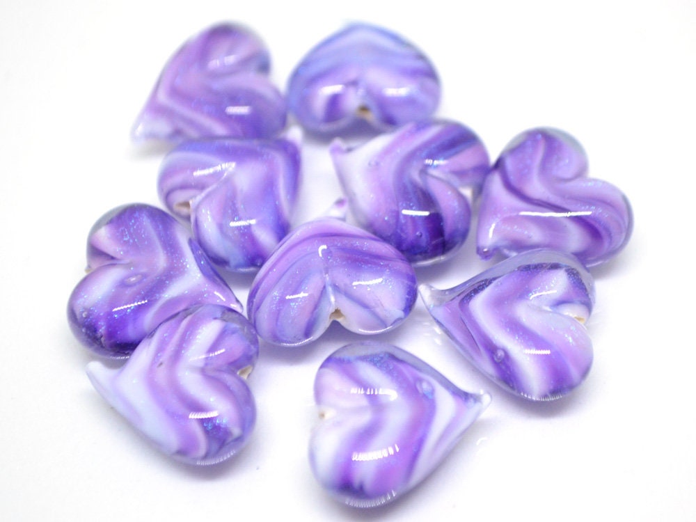 Purple sparkle heart beads, Lavender glass bead, Sparkling Lampwork Heart shape bead, Handmade Glass Heart charm beads, Half-drilled beads