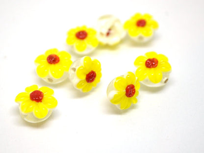 Yellow Chamomile beads, Lampwork Chamomile flower bead, Yellow and red beads, Lentils beads, Yellow floral lampwork
