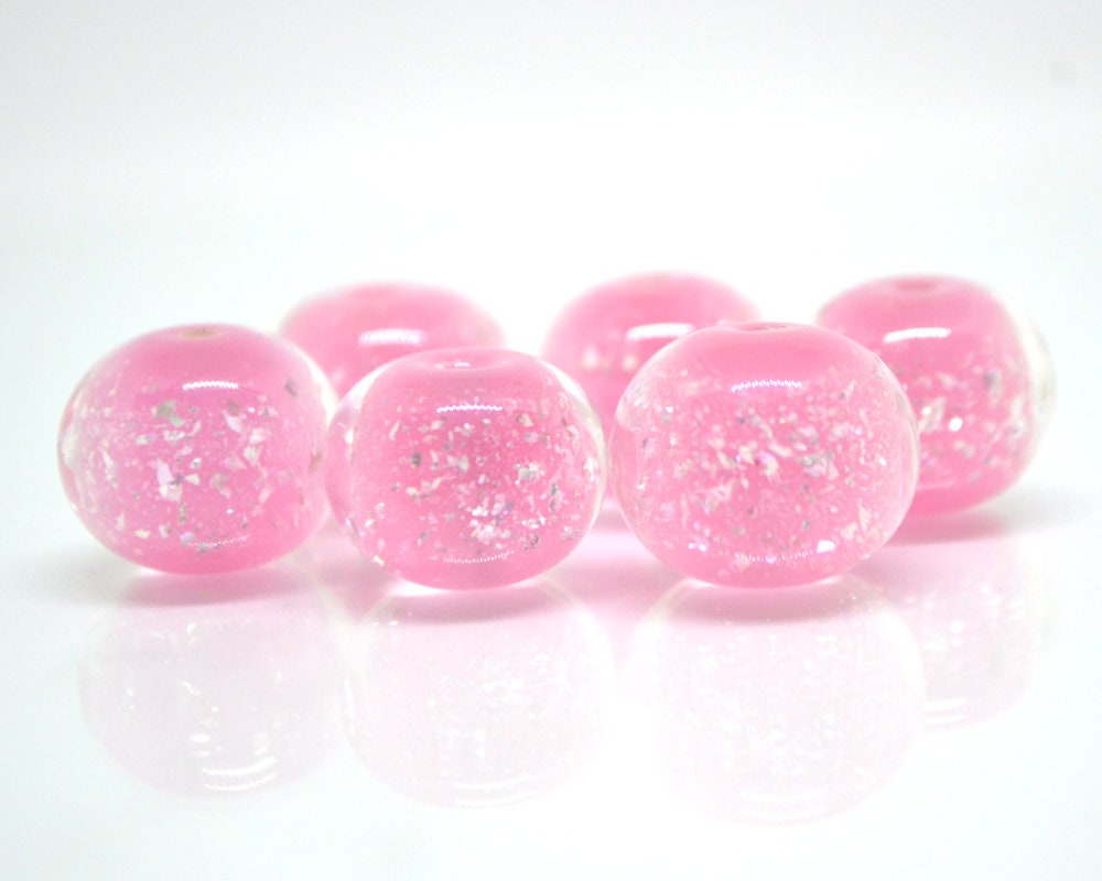Pink lampwork foil beads, Handmade glass, Artisan lampwork, Shimmering Sparkling Round Silver Wedding jewelry making bead bride set bracelet