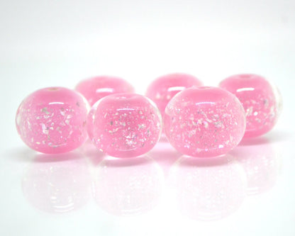 Pink lampwork foil beads, Handmade glass, Artisan lampwork, Shimmering Sparkling Round Silver Wedding jewelry making bead bride set bracelet