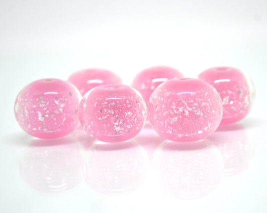 Pink lampwork foil beads, Handmade glass, Artisan lampwork, Shimmering Sparkling Round Silver Wedding jewelry making bead bride set bracelet