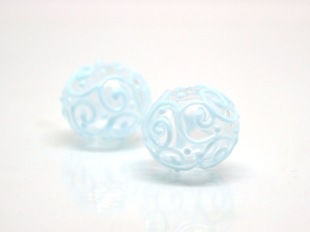 Clear hollow glass beads with blue curls, Artisan lampwork beads, Winter glass beads, Snow design beads, Snow jewelry making