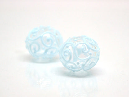 Clear hollow glass beads with blue curls, Artisan lampwork beads, Winter glass beads, Snow design beads, Snow jewelry making