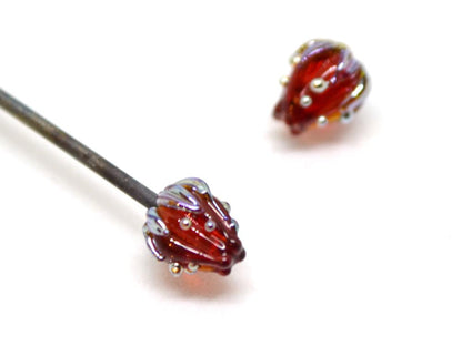 Red wine and silver floral lampwork beads, 7mm glass beads, Half drilled beads, Very small beads, Tiny beads