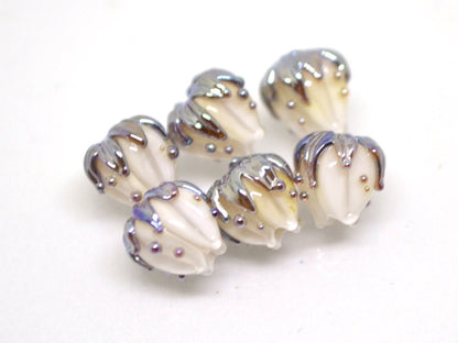 White flower beads with silver leaves, 7mm flower beads, Small lampwork beads, Handmade lampwork, Artisan lampwork