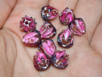 Bright pink flower beads silver, 10mm flower beads, lampwork rose buds, floral theme beads, Floral lampwork, Lampwork bead set, Handmade