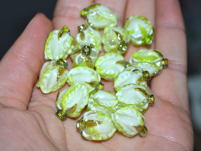Light green glass beads, Lampwork floral beads, Salad green beads, White green glass beads, Beads for earrings, Artisan lampwork, bud beads