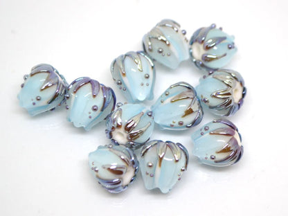 Pastel blue flower glass beads silver, 10mm glass beads, Pale blue lampwork flower bead, Floral lampwork, Handmade glass bead Something blue