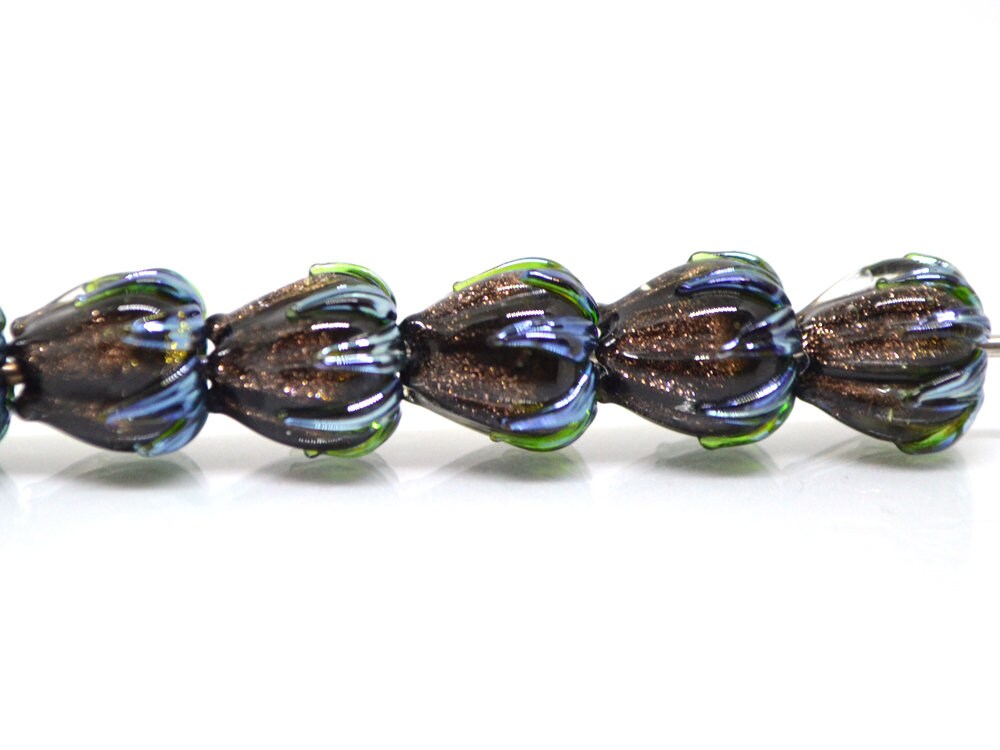 Aventurine glass beads, 10mm flower beads, Gold sand glass bead, Brown Floral lampwork, Sparkle flower bead, Floral theme beads Fall jewelry