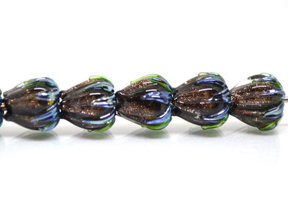 Aventurine glass beads, 10mm flower beads, Gold sand glass bead, Brown Floral lampwork, Sparkle flower bead, Floral theme beads Fall jewelry