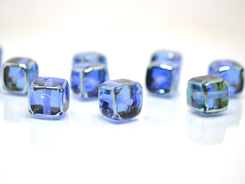 Sapphire blue square beads, 10mm cube beads, 12mm square beads, Blue cube beads, Blue spacer beads, Blue lampwork, Jewelry beads,Murano bead