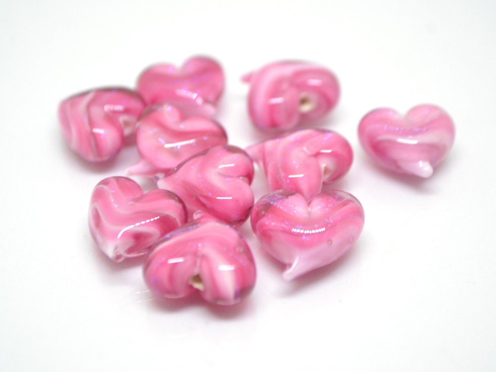 Pink heart beads, Pink glass bead, Heart jewelry making, Sparkle Lampwork heart, Heart shape, Glass Heart charm, Half-drilled beads