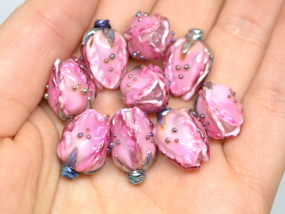 Amazing pink lampwork flower beads, Pink white glass floral beads, Focal lampwork beads