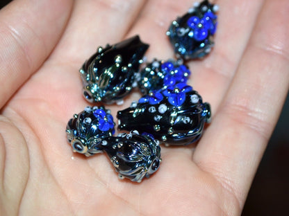 Black and Blue flower beads,  bouquet lampwork beads, Cobalt blue floral beads, Black blue silver beads, Beads for earrings,Artisan lampwork