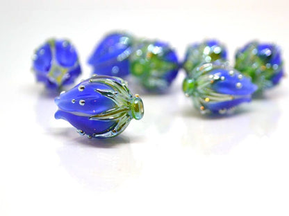 cobalt blue glass flower beads for jewelry blue flower earrings blue lampwork beads blue flower bud handmade beads earrings pair cobalt blue