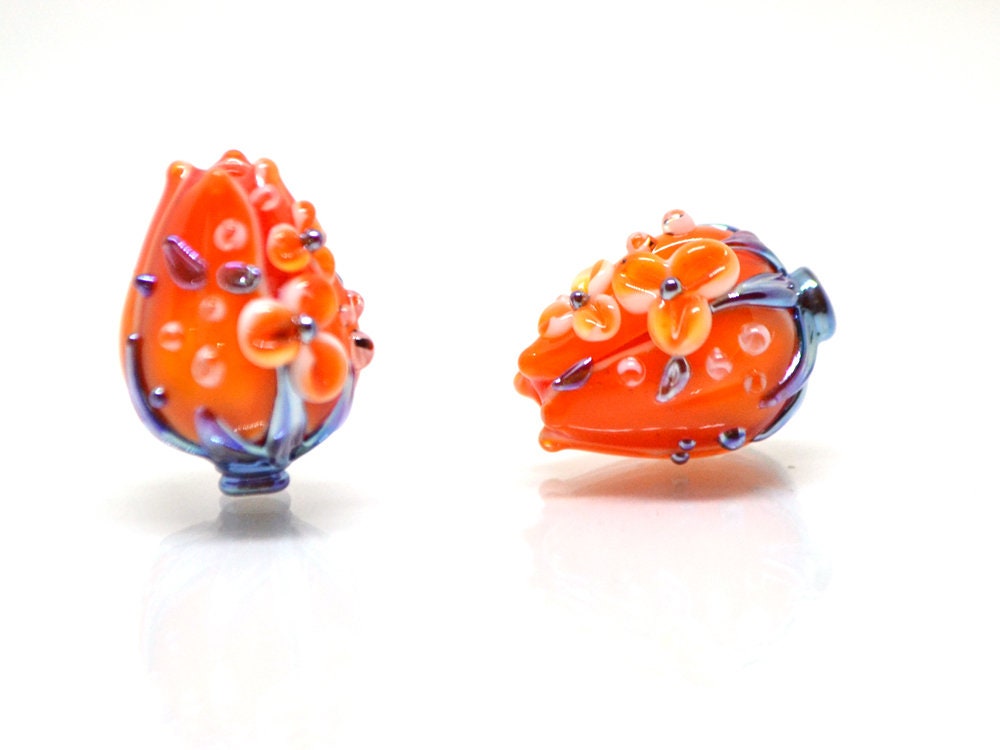 Orange silver flower bouquet lampwork beads, Bright lampwork beads, Artisan lampwork, SRA beads