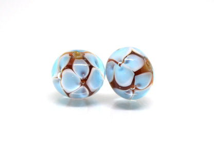 Blue 3d flowers on topaz beads, Rondelle beads, Blue flower Glass beads, Murano glass beads, Artisan lampwork