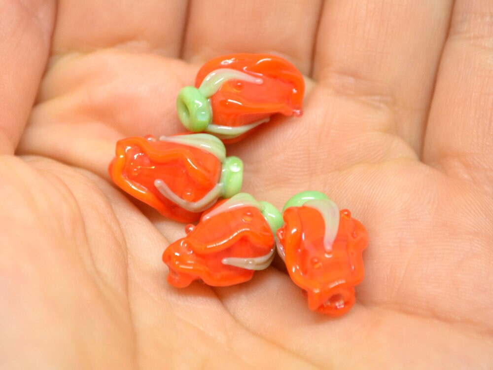 Orange rose bud beads, Lampwork Glass rosebud beads, Lampwork rose flower, Focal lampwork beads