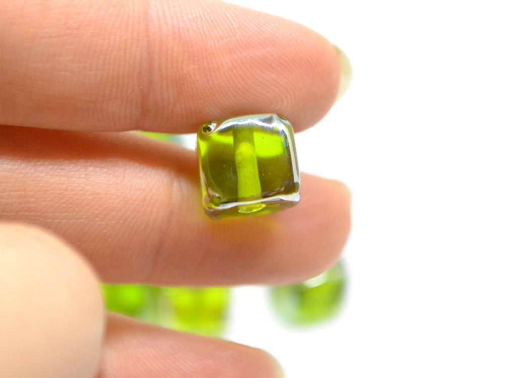 Salad green glass beads, Verdant green beads, Handmade green cube beads, Lampwork cube bead, Square lampwork bead, Geometry lampwork