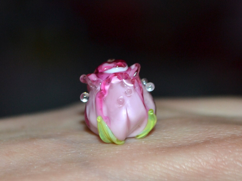 Bright Pink rosebud beads, Ombre glass beads, Gradient floral lampwork, Pink glass beads, Handmade glass beads, Lampwork one bead
