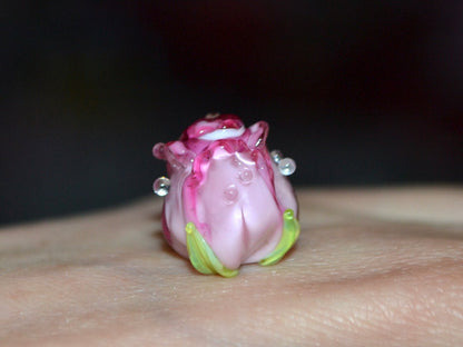 Bright Pink rosebud beads, Ombre glass beads, Gradient floral lampwork, Pink glass beads, Handmade glass beads, Lampwork one bead