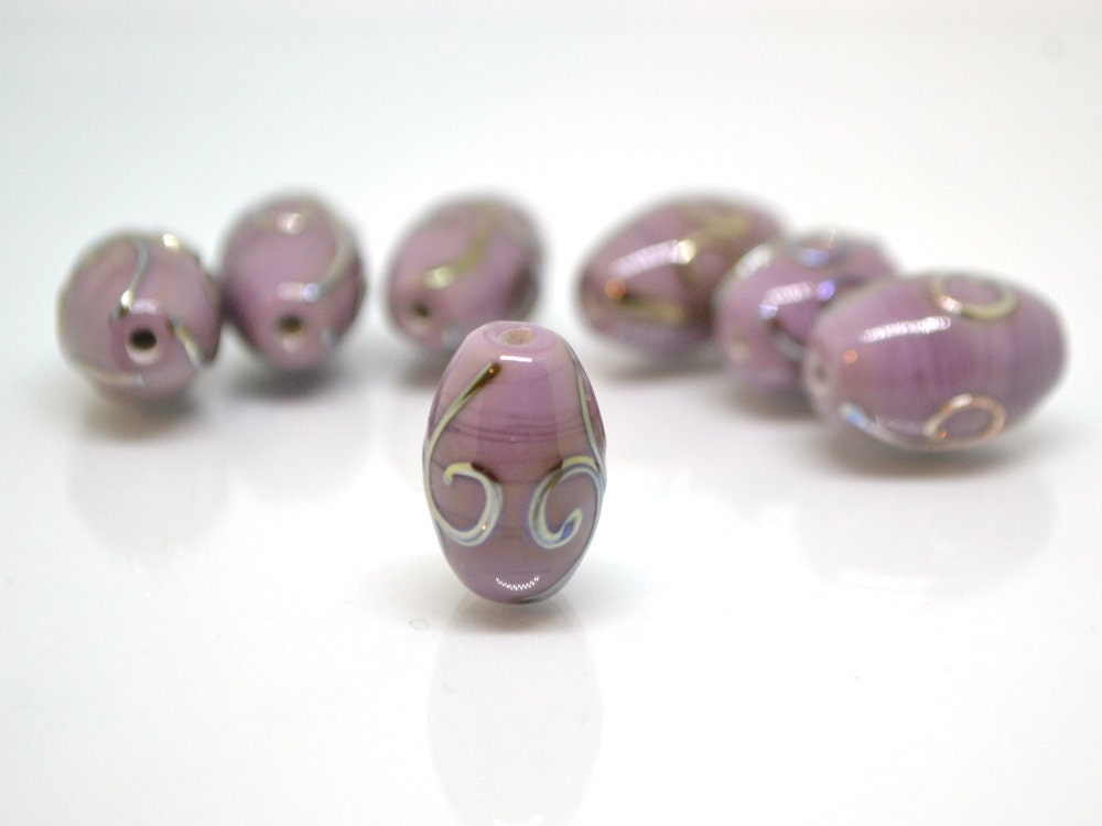 Purple glass lampwork oval beads with silver swirl texture lavender earrings beads, rhombus beads, oval glass beads, handmade glass beads
