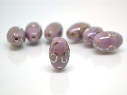 Purple glass lampwork oval beads with silver swirl texture lavender earrings beads, rhombus beads, oval glass beads, handmade glass beads