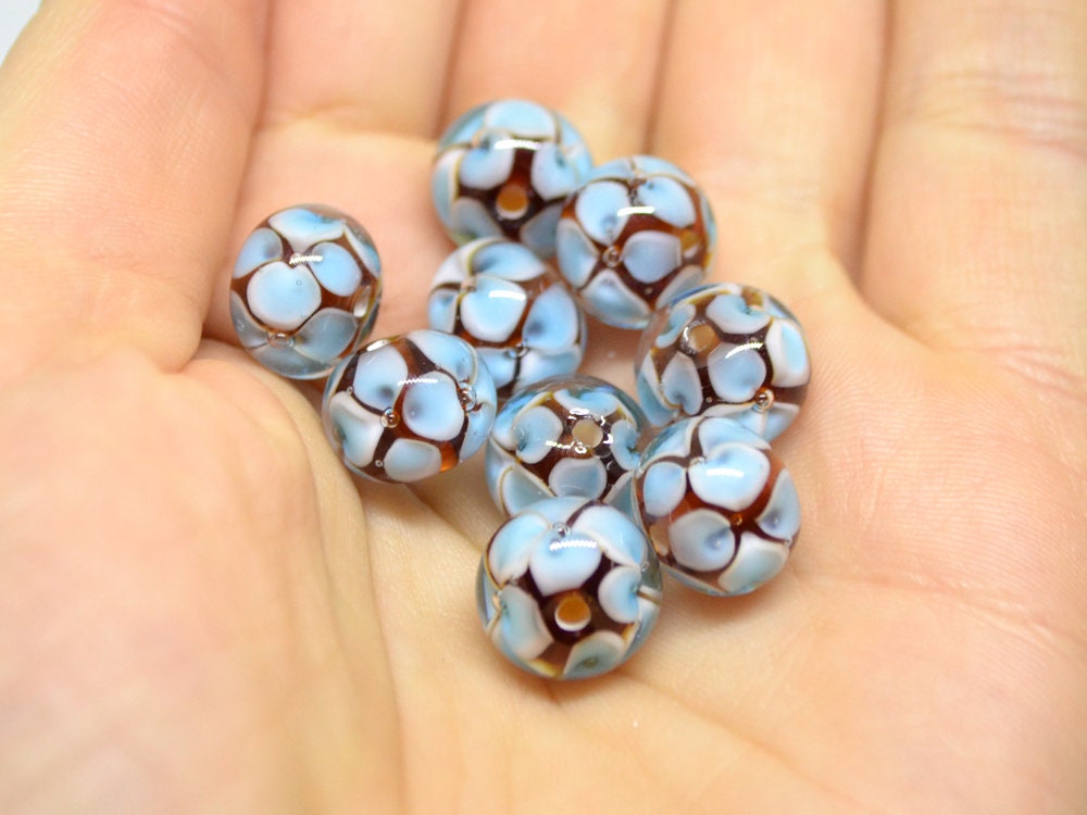Blue 3d flowers on topaz beads, Rondelle beads, Blue flower Glass beads, Murano glass beads, Artisan lampwork