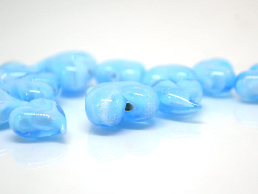 Blue heart beads, Sparkle Lampwork heart, Sky blue glass beads, Glass heart shape bead, Heart charm beads, Half-drilled beads, Handmade
