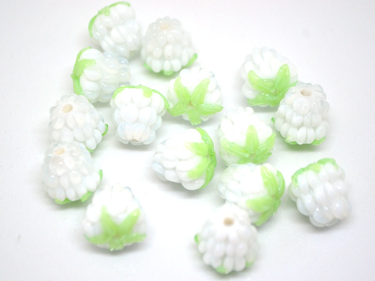White lampwork raspberry, White glass berries, Berry jewelry making, Lampwork raspberries, Berry fruit beads, White Raspberry green leaf