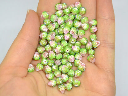 White and pink glass flower beads, 7mm flower bead, Gradient glass beads, Floral lampwork, Tiny beads, Pink beads with green leaves
