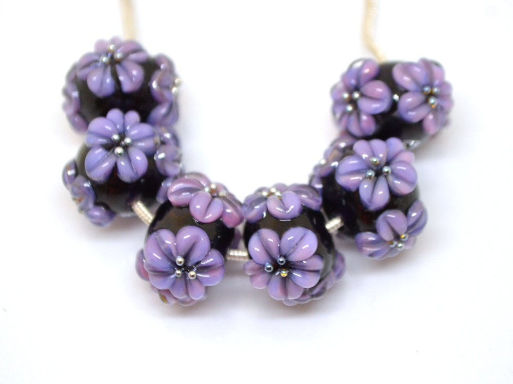 flower lampwork bead black glass beads bracelet artisan lampwork handmade glass bead black purple flower lavender flower earrings necklace