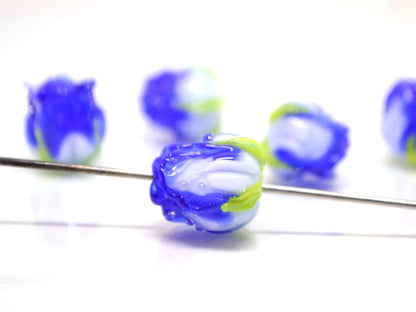 Blue rose bud beads, Lampwork rose beads, Cobalt blue beads, Artisan lampwork, Floral Lampwork pendant, DIY earrings, Glass flower jewelry