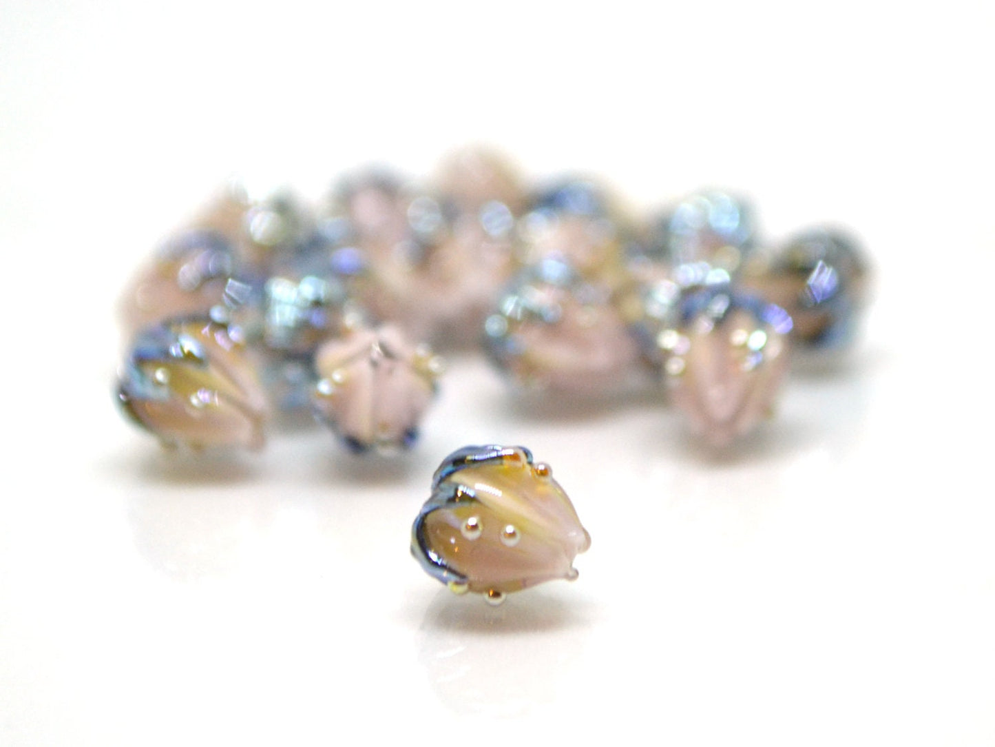 Very tiny 7mm pale pink flower glass beads, Small flower beads,  Half drilled beads, Small flower charm, through hole