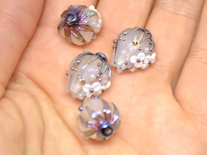 White Glass flower bouquet on lampwork bud beads, Miniature flowers, Glass miniature, Artisan lampwork, White silver glass flower beads