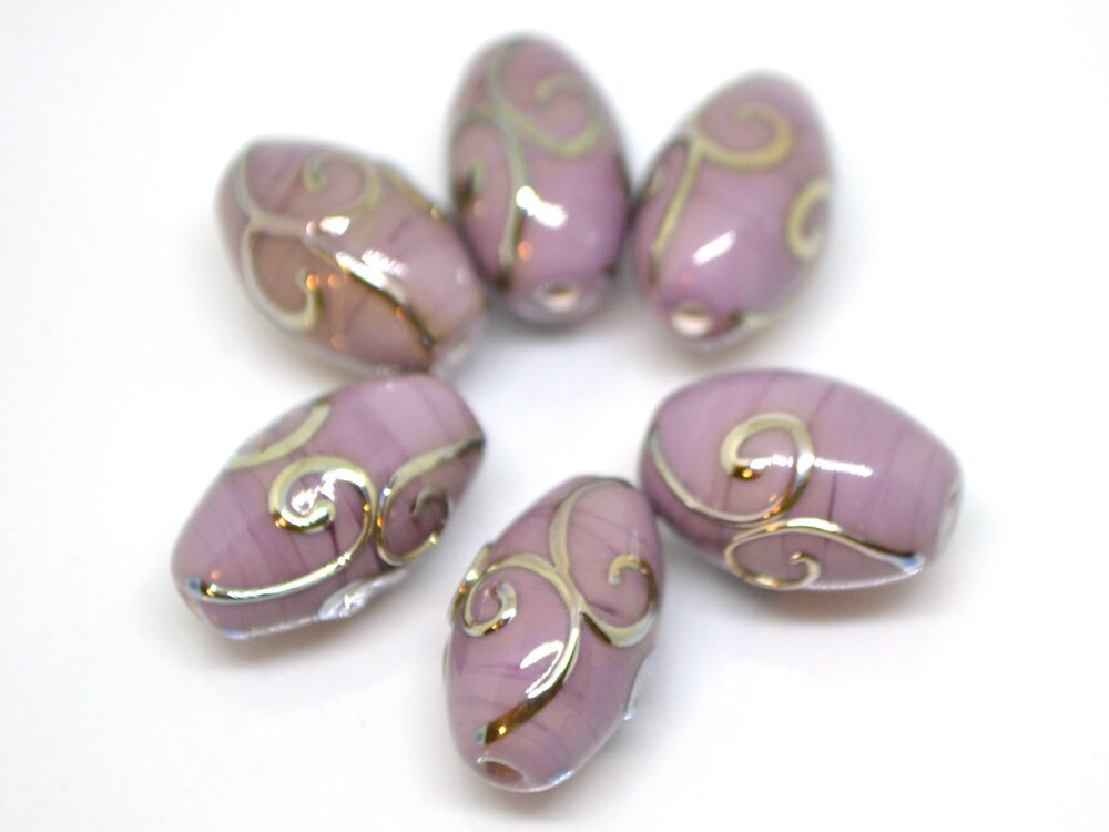 Purple glass lampwork oval beads with silver swirl texture lavender earrings beads, rhombus beads, oval glass beads, handmade glass beads