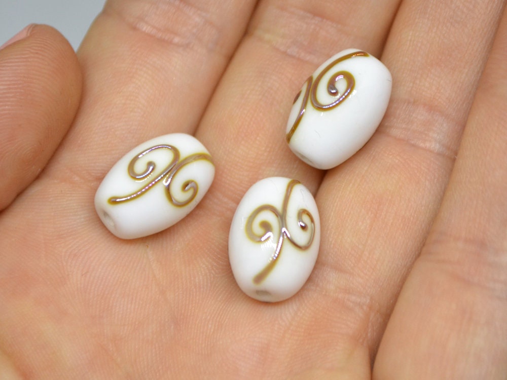 White opaque barrel glass beads gold curles, Oval lampwork beads, Handmade lampwork, Beads for wedding jewelry, Bead set, Beads crafts